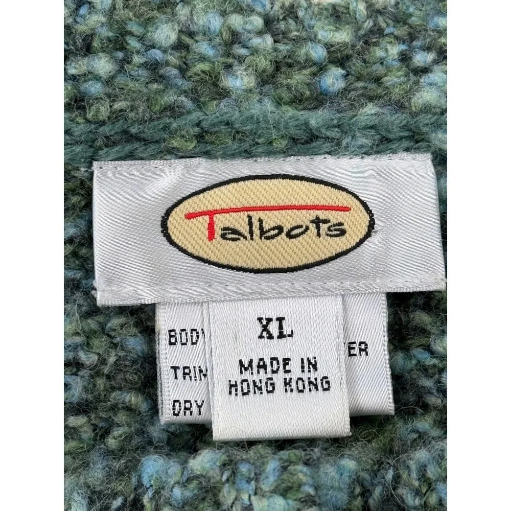 Talbots Green Blue Boucle Wool Blend Snap Front Cardigan Sweater Womens XL